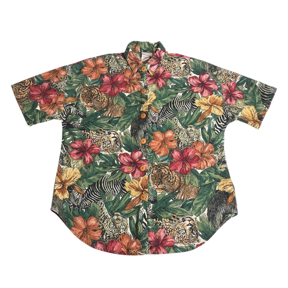 Vintage 90s Denim Republic Hawaiian Shirt Women L Safari Big Cats All Over Print